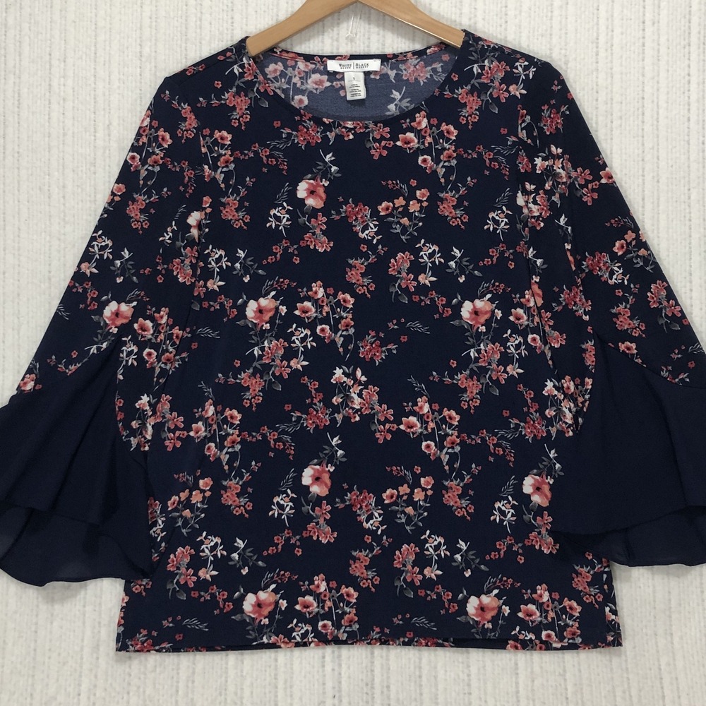 White House Black Market Navy Floral Bell Sleeve Ruffle Cuff Blouse Small